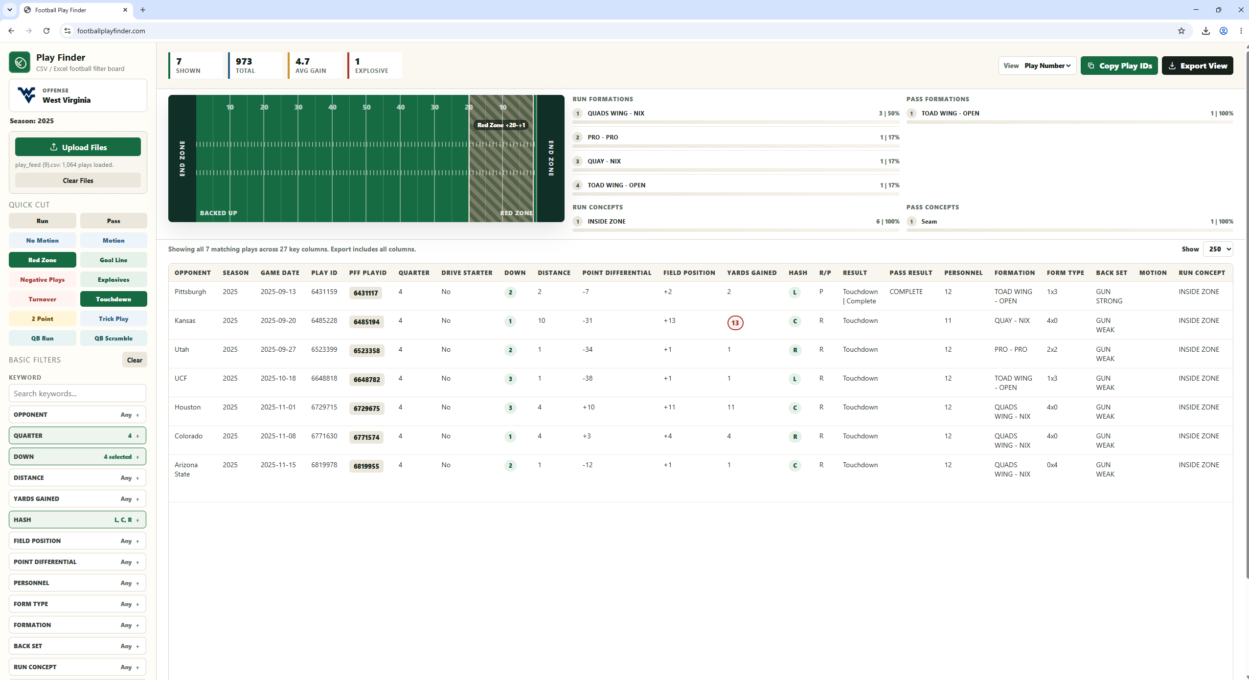 Example filtered football play finder view